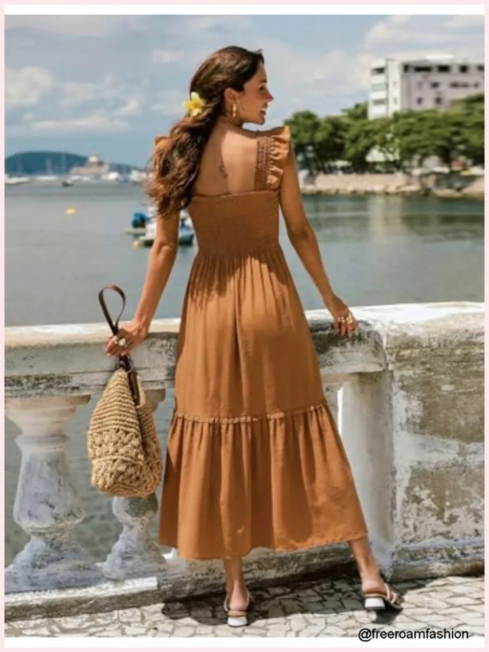 Square Neck Smocked Midi Dress with Pockets Flowy Ruffle Sleeves
